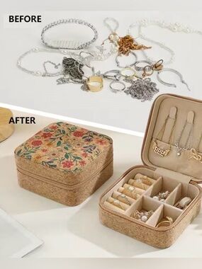 Cork Floral Mini Jewelry Travel Case with Organized Compartments New